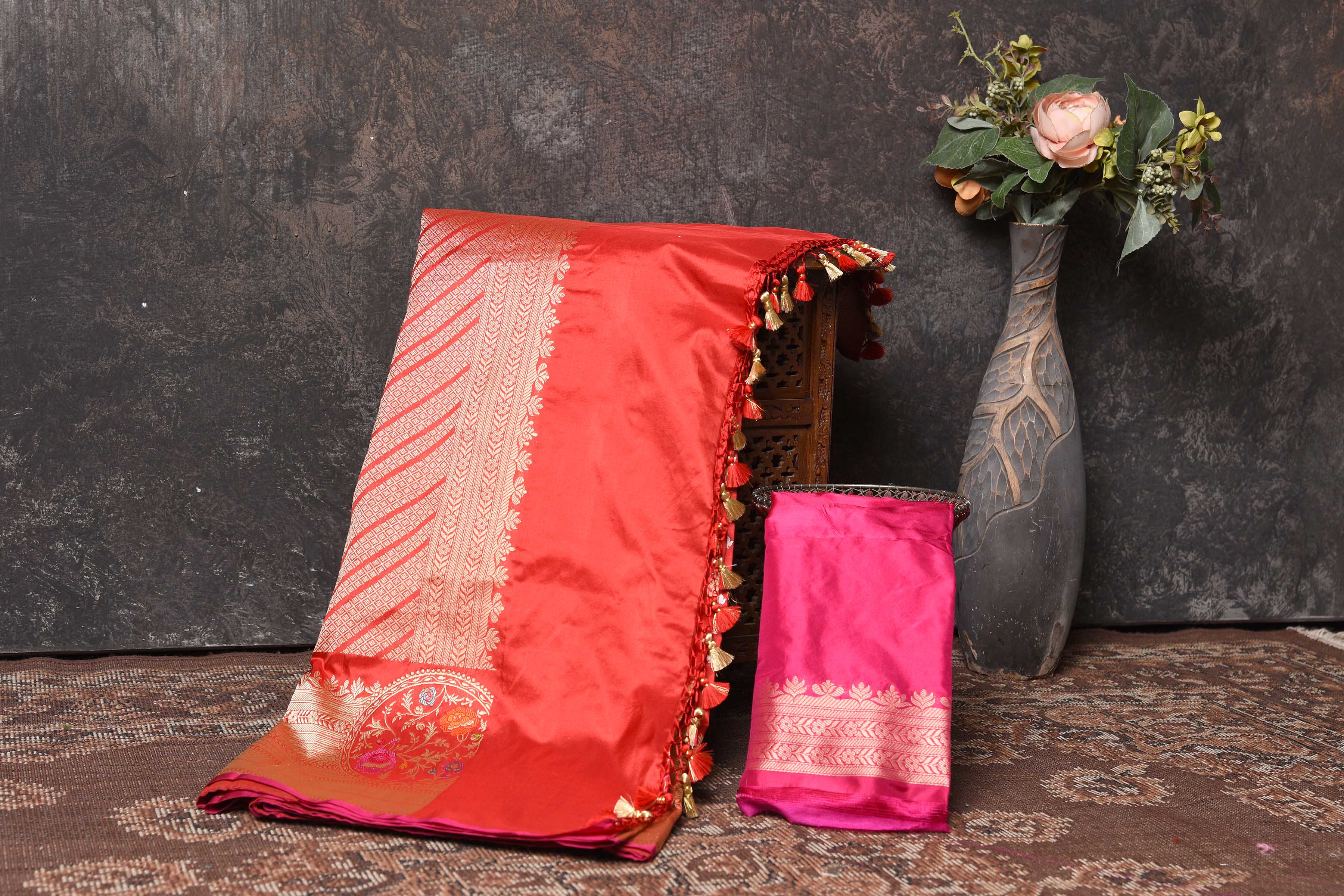 Buy red fancy Katan silk saree online in USA with overall zari buta and border. Be the center of attraction on special occasions in ethnic sarees, designer sarees, embroidered sarees, handwoven sarees, pure silk sarees from Pure Elegance Indian saree store in USA.-blouse