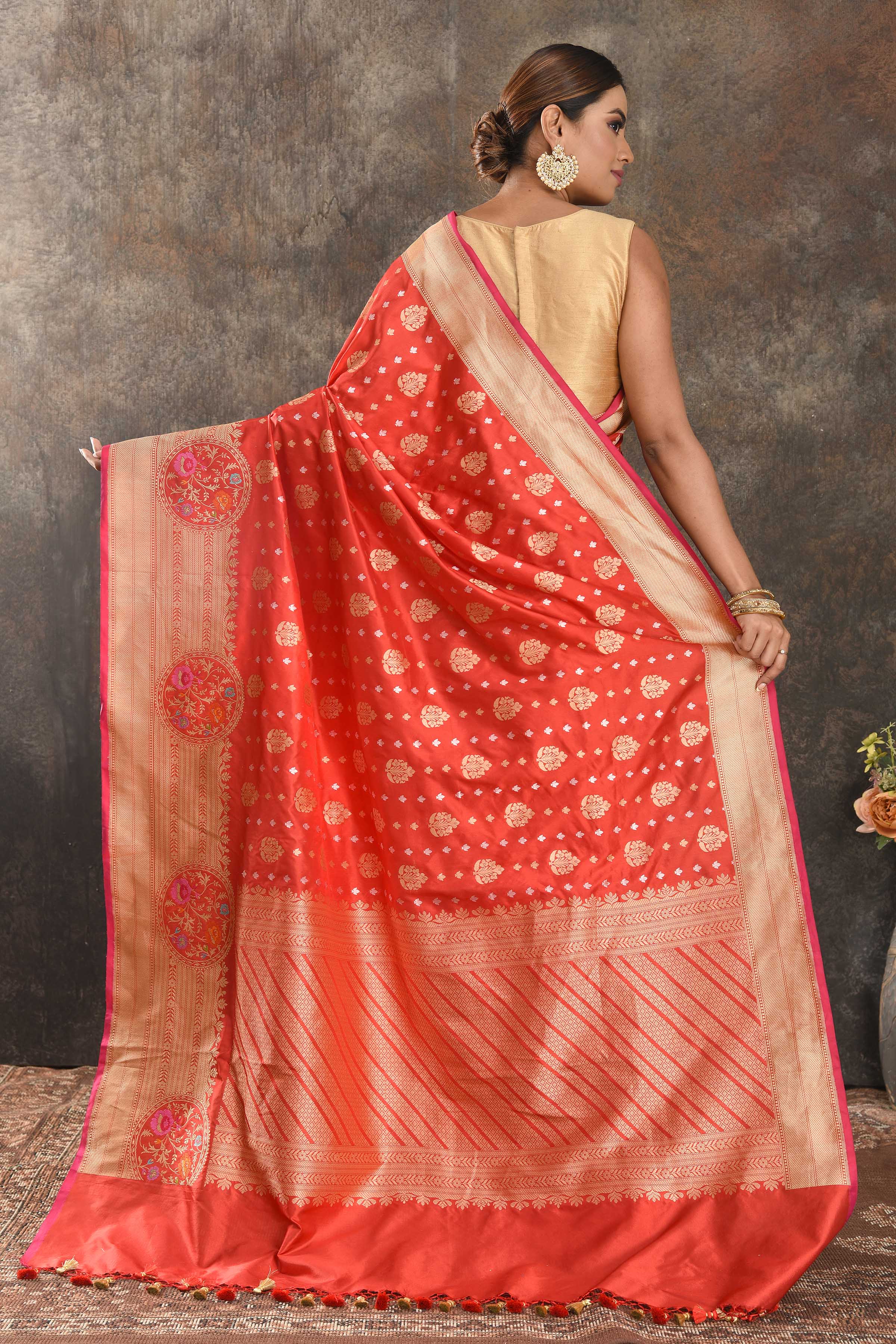 Buy red fancy Katan silk saree online in USA with overall zari buta and border. Be the center of attraction on special occasions in ethnic sarees, designer sarees, embroidered sarees, handwoven sarees, pure silk sarees from Pure Elegance Indian saree store in USA.-back