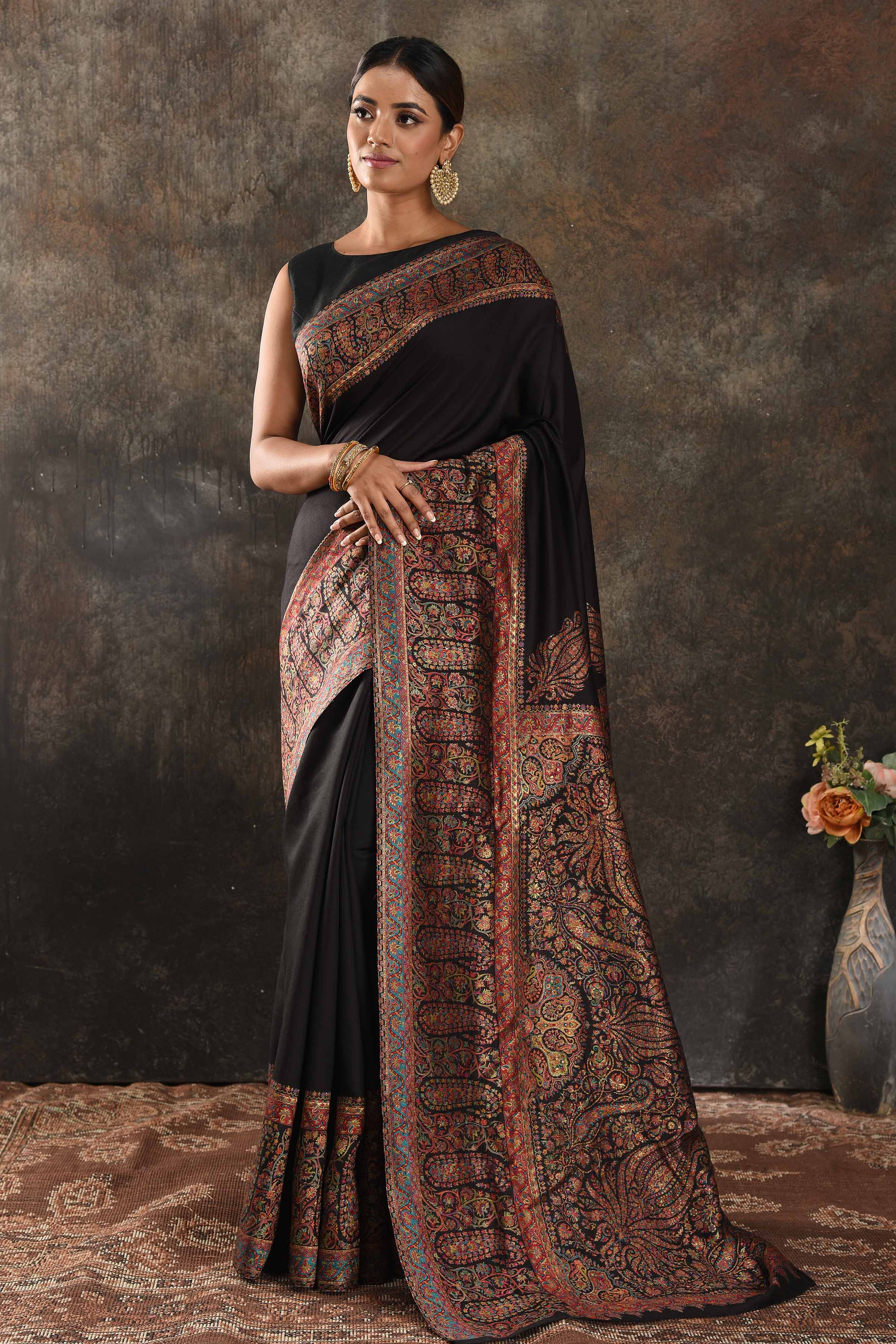 Buy beautiful black Kani weave tussar muga saree online in USA. Keep your ethnic wardrobe up to date with latest designer sarees, pure silk sarees, handwoven saris, tussar silk sarees, Kani sarees, Pashmina saris, embroidered sarees from Pure Elegance Indian saree store in USA.-full view
