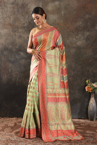 Shop beautiful pista green Kani weave tussar muga saree online in USA. Keep your ethnic wardrobe up to date with latest designer sarees, pure silk sarees, handwoven saris, tussar silk sarees, Kani sarees, Pashmina saris, embroidered sarees from Pure Elegance Indian saree store in USA.-full view
