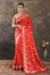 Buy red fancy Katan silk saree online in USA with overall silver zari leaf buta and border. Be the center of attraction on special occasions in ethnic sarees, designer sarees, embroidered sarees, handwoven sarees, pure silk sarees from Pure Elegance Indian saree store in USA.-full view