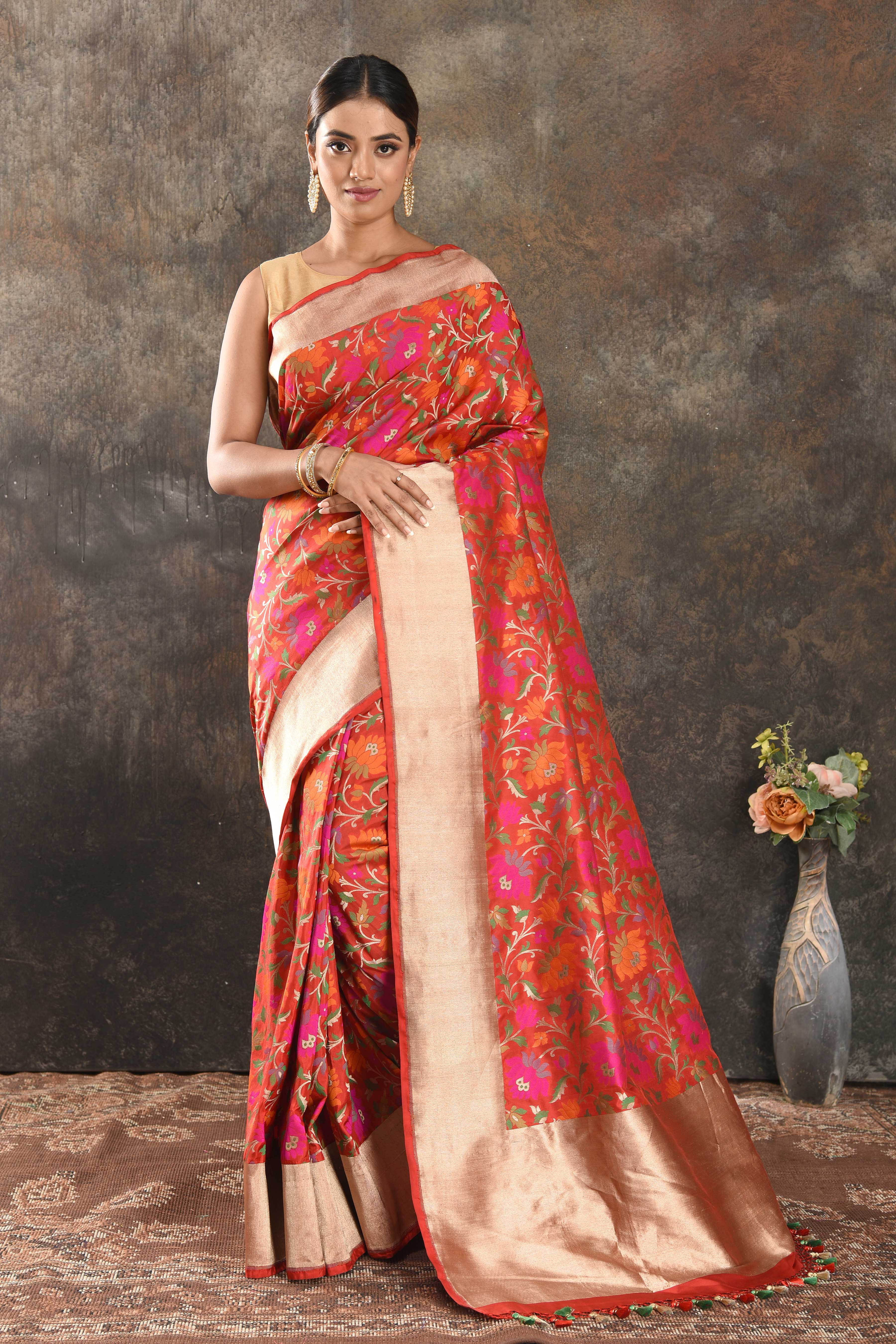 Buy red fancy Katan silk saree online in USA with overall floral zari minakari jaal. Be the center of attraction on special occasions in ethnic sarees, designer sarees, embroidered sarees, handwoven sarees, pure silk sarees from Pure Elegance Indian saree store in USA.-full view