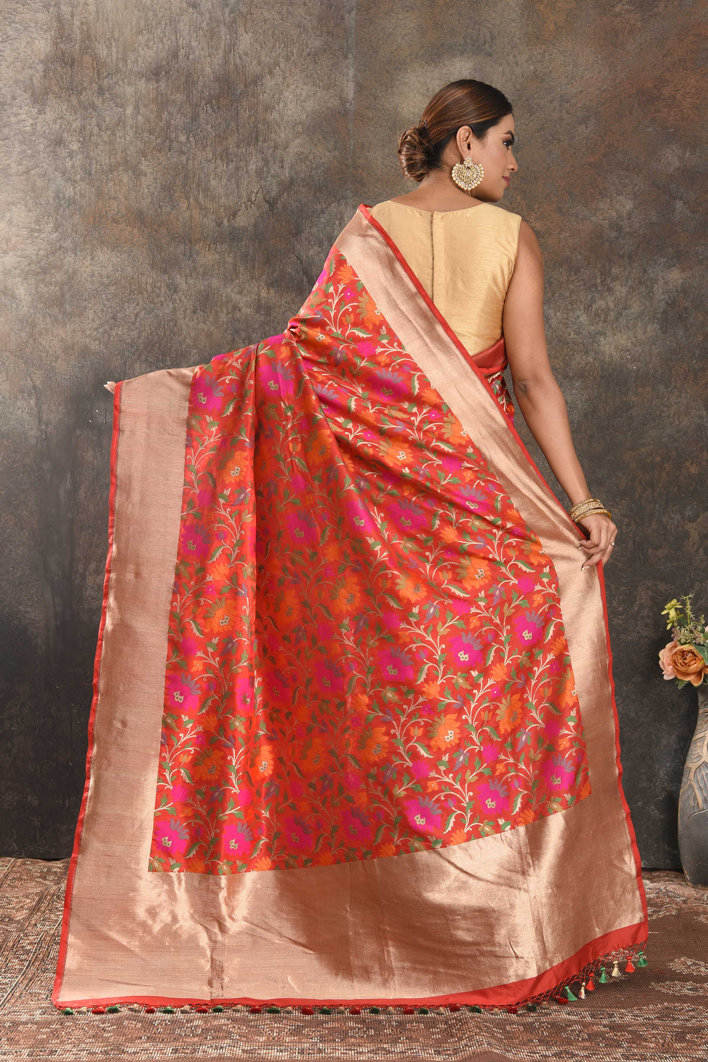 Buy red fancy Katan silk saree online in USA with overall floral zari minakari jaal. Be the center of attraction on special occasions in ethnic sarees, designer sarees, embroidered sarees, handwoven sarees, pure silk sarees from Pure Elegance Indian saree store in USA.-back