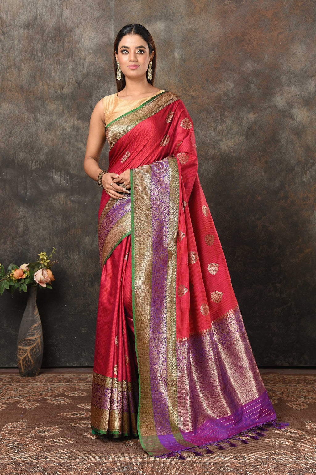 Shop dark pink Banarasi saree online in USA with green zari border. Look royal at weddings and festive occasions in exquisite Banarasi sarees, handwoven sarees, tussar silk sarees, Bollywood sarees, partywear sarees from Pure Elegance Indian saree store in USA.-full view