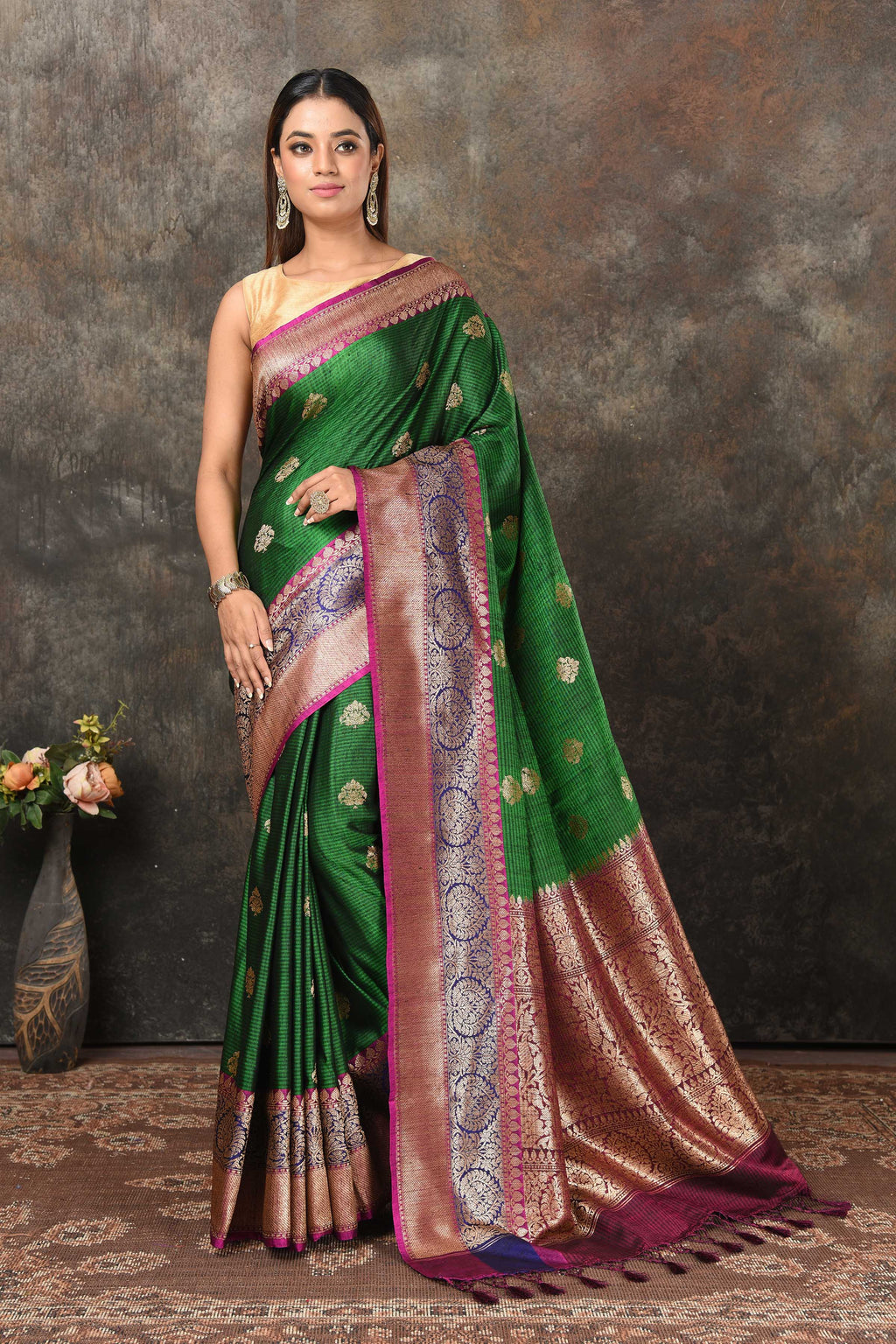 Buy beautiful mehendi green Banarasi saree online in USA with blue pink zari border. Look royal at weddings and festive occasions in exquisite Banarasi sarees, handwoven sarees, tussar silk sarees, Bollywood sarees, partywear sarees from Pure Elegance Indian saree store in USA.-full view