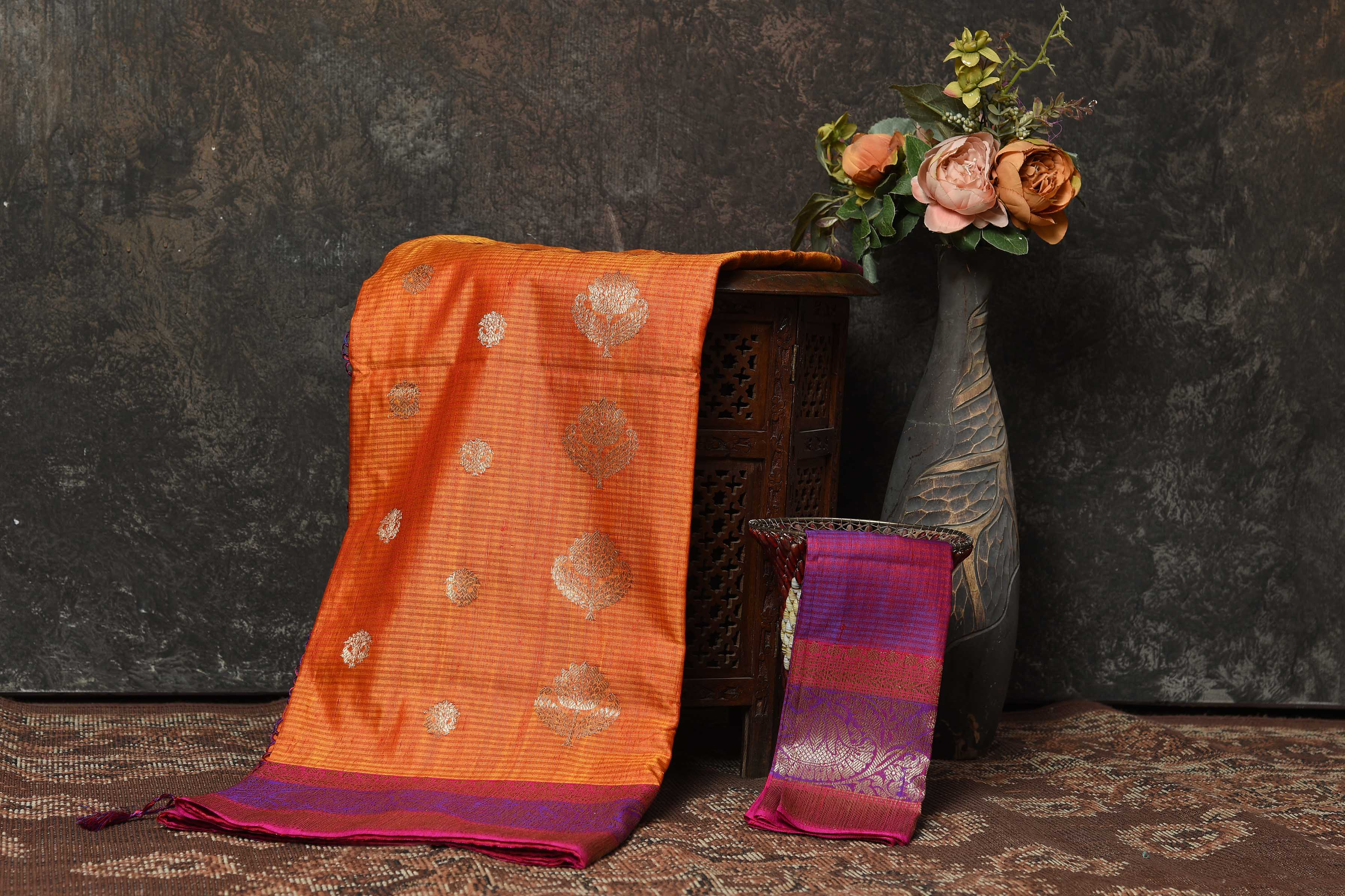 Buy beautiful orange Banarasi sari online in USA with pink purple zari border. Look royal at weddings and festive occasions in exquisite Banarasi sarees, handwoven sarees, tussar silk sarees, Bollywood sarees, partywear sarees from Pure Elegance Indian saree store in USA.-blouse