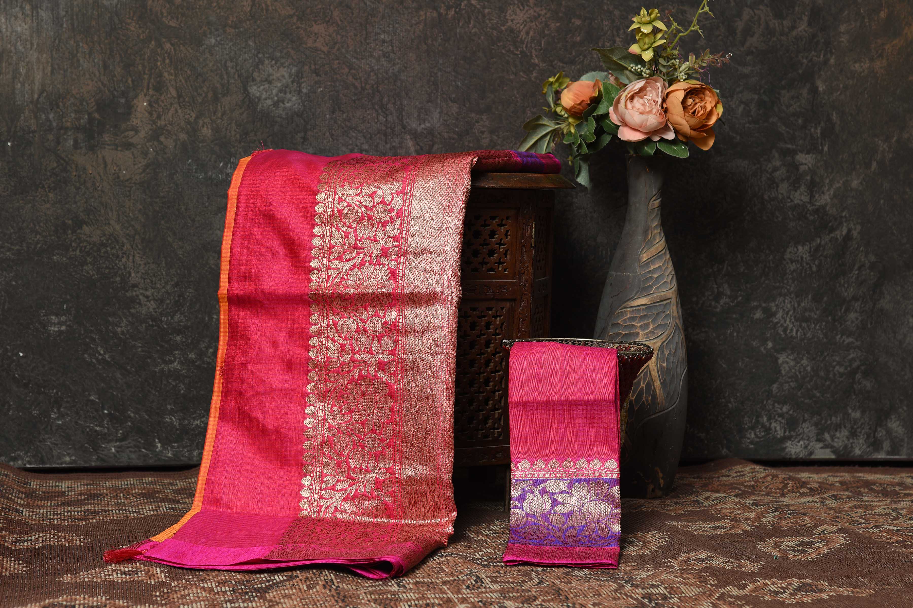 Shop orange Banarasi sari online in USA with purple pink zari border. Look royal at weddings and festive occasions in exquisite Banarasi saris, handwoven sarees, tussar silk sarees, Bollywood sarees, partywear sarees from Pure Elegance Indian saree store in USA.-blouse