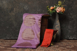 Buy beautiful lavender Banarasi sari online in USA with antique zari motifs. Look royal at weddings and festive occasions in exquisite Banarasi saris, handwoven sarees, tussar silk sarees, Bollywood sarees, partywear sarees from Pure Elegance Indian saree store in USA.-blouse