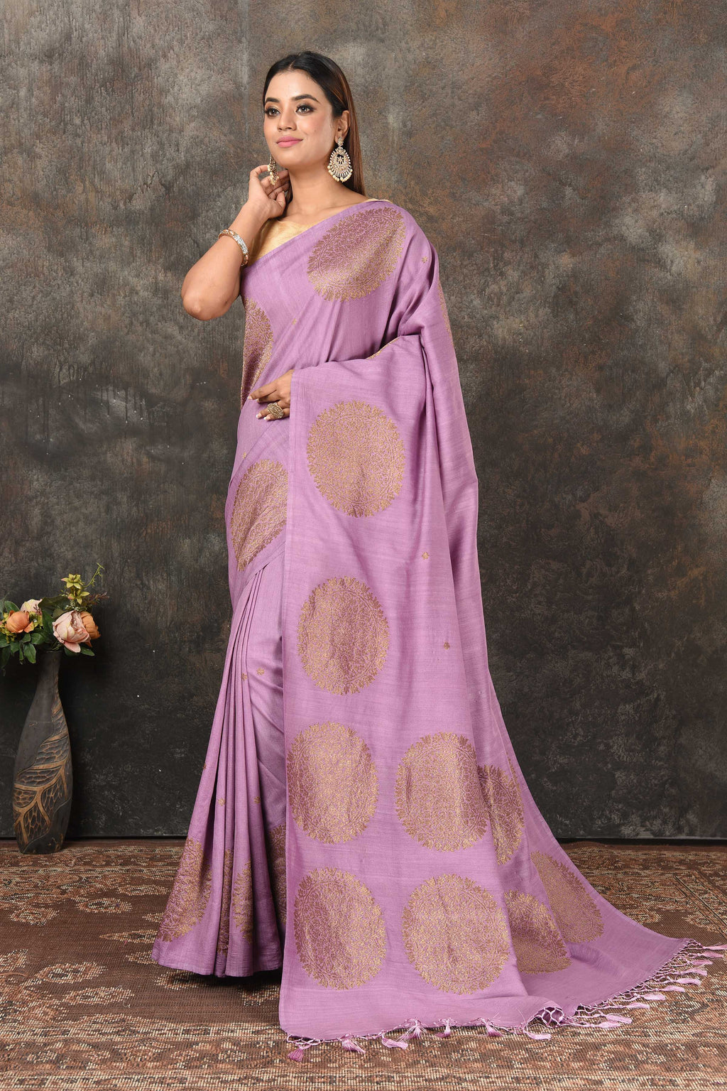 Buy beautiful lavender Banarasi sari online in USA with antique zari motifs. Look royal at weddings and festive occasions in exquisite Banarasi saris, handwoven sarees, tussar silk sarees, Bollywood sarees, partywear sarees from Pure Elegance Indian saree store in USA.-full view