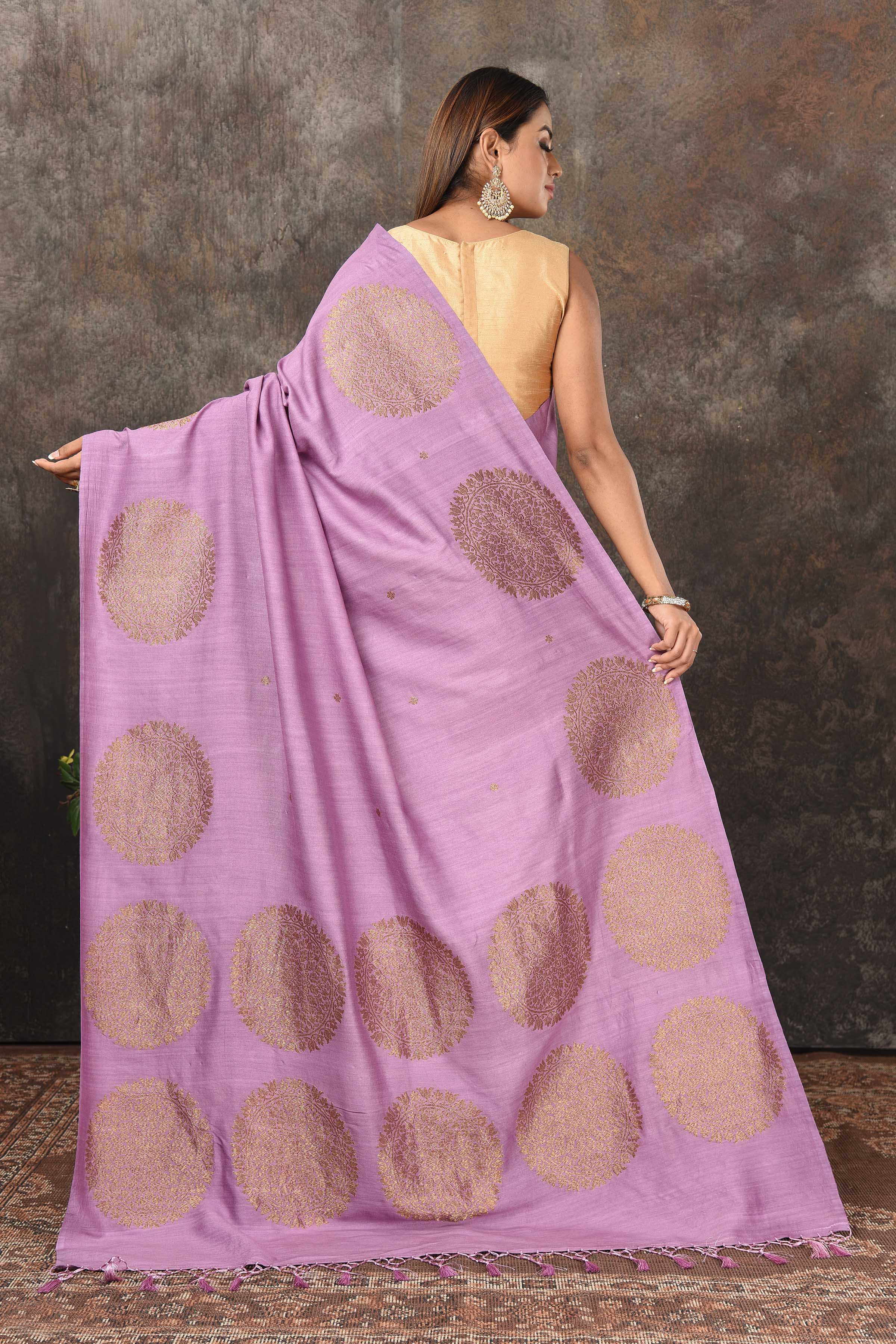 Buy beautiful lavender Banarasi sari online in USA with antique zari motifs. Look royal at weddings and festive occasions in exquisite Banarasi saris, handwoven sarees, tussar silk sarees, Bollywood sarees, partywear sarees from Pure Elegance Indian saree store in USA.-back
