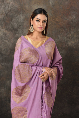 Buy beautiful lavender Banarasi sari online in USA with antique zari motifs. Look royal at weddings and festive occasions in exquisite Banarasi saris, handwoven sarees, tussar silk sarees, Bollywood sarees, partywear sarees from Pure Elegance Indian saree store in USA.-closeup