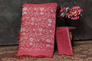 Shop stunning pink Jamdani Banarasi sari online in USA. Radiate elegance on special occasions in exquisite designer sarees, handwoven sarees, georgette sarees, embroidered sarees, Banarasi saree, pure silk saris, tussar sarees from Pure Elegance Indian saree store in USA.-blouse