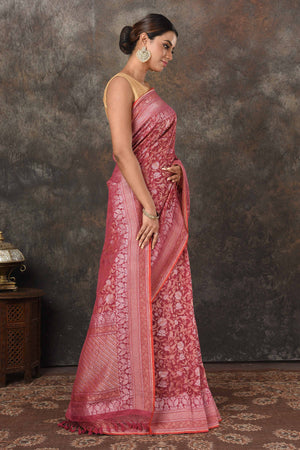 Shop stunning pink Jamdani Banarasi sari online in USA. Radiate elegance on special occasions in exquisite designer sarees, handwoven sarees, georgette sarees, embroidered sarees, Banarasi saree, pure silk saris, tussar sarees from Pure Elegance Indian saree store in USA.-side