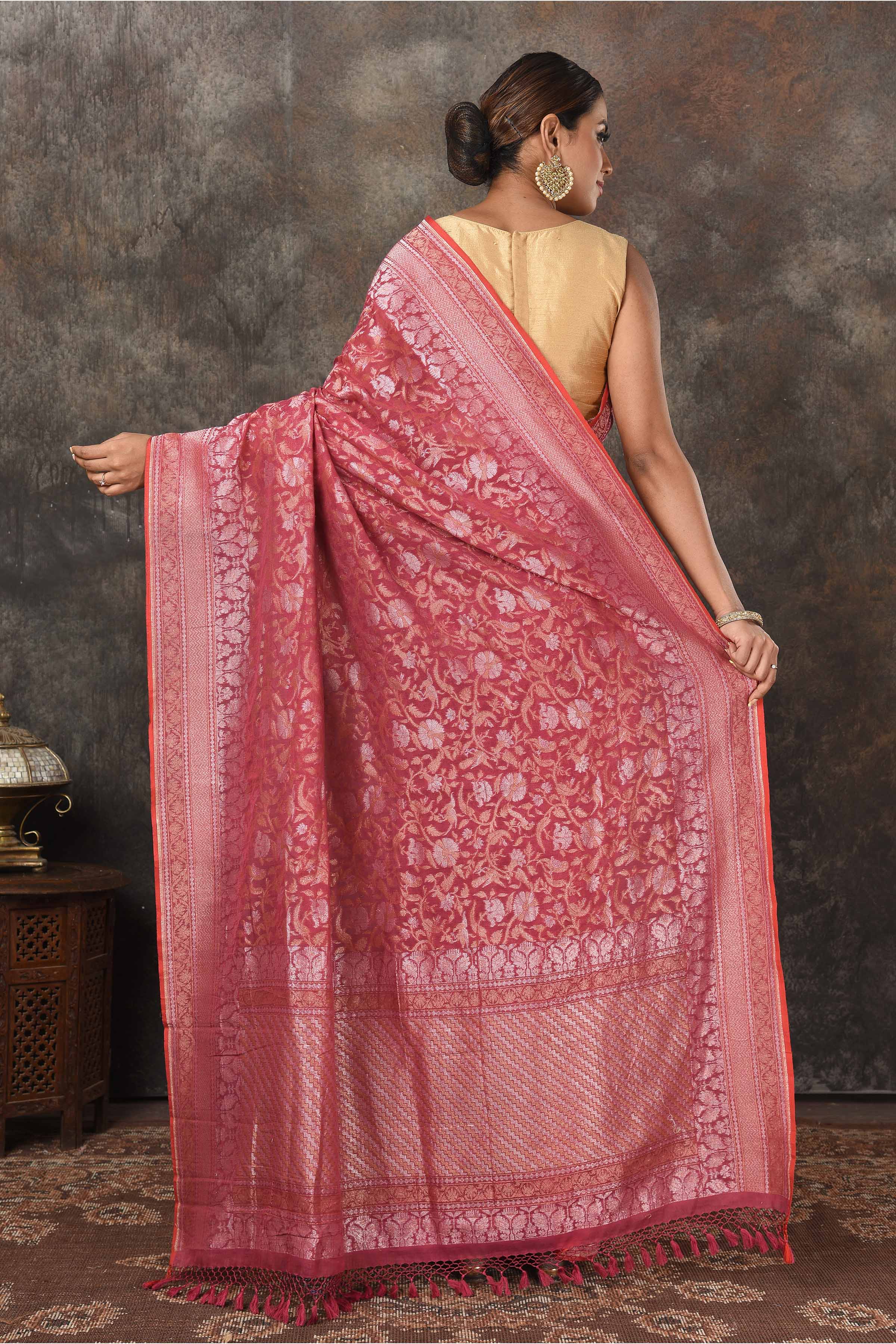 Shop stunning pink Jamdani Banarasi sari online in USA. Radiate elegance on special occasions in exquisite designer sarees, handwoven sarees, georgette sarees, embroidered sarees, Banarasi saree, pure silk saris, tussar sarees from Pure Elegance Indian saree store in USA.-back