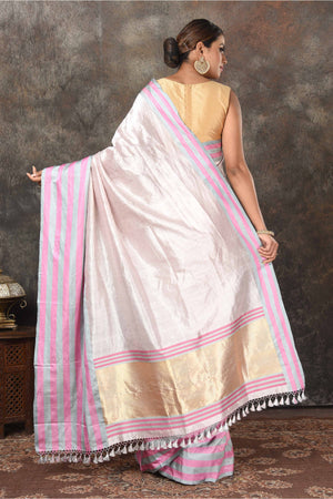 Shop beautiful lilac Banarasi Mashru silk saree online in USA with striped border. Radiate elegance on special occasions in exquisite designer sarees, handwoven sarees, georgette sarees, embroidered sarees, Banarasi saree, pure silk saris, tussar sarees from Pure Elegance Indian saree store in USA.-back