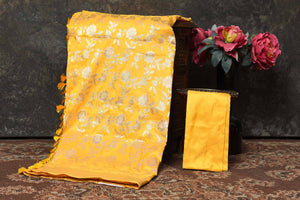 Buy stunning yellow Banarasi Mashru silk sari online in USA with golden zari jaal. Radiate elegance on special occasions in exquisite designer sarees, handwoven sarees, georgette sarees, embroidered sarees, Banarasi saree, pure silk saris, tussar sarees from Pure Elegance Indian saree store in USA.-blouse