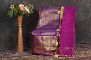 90N561 Yellow Kanjivaram Kora Striped Sari with Purple Zari Border