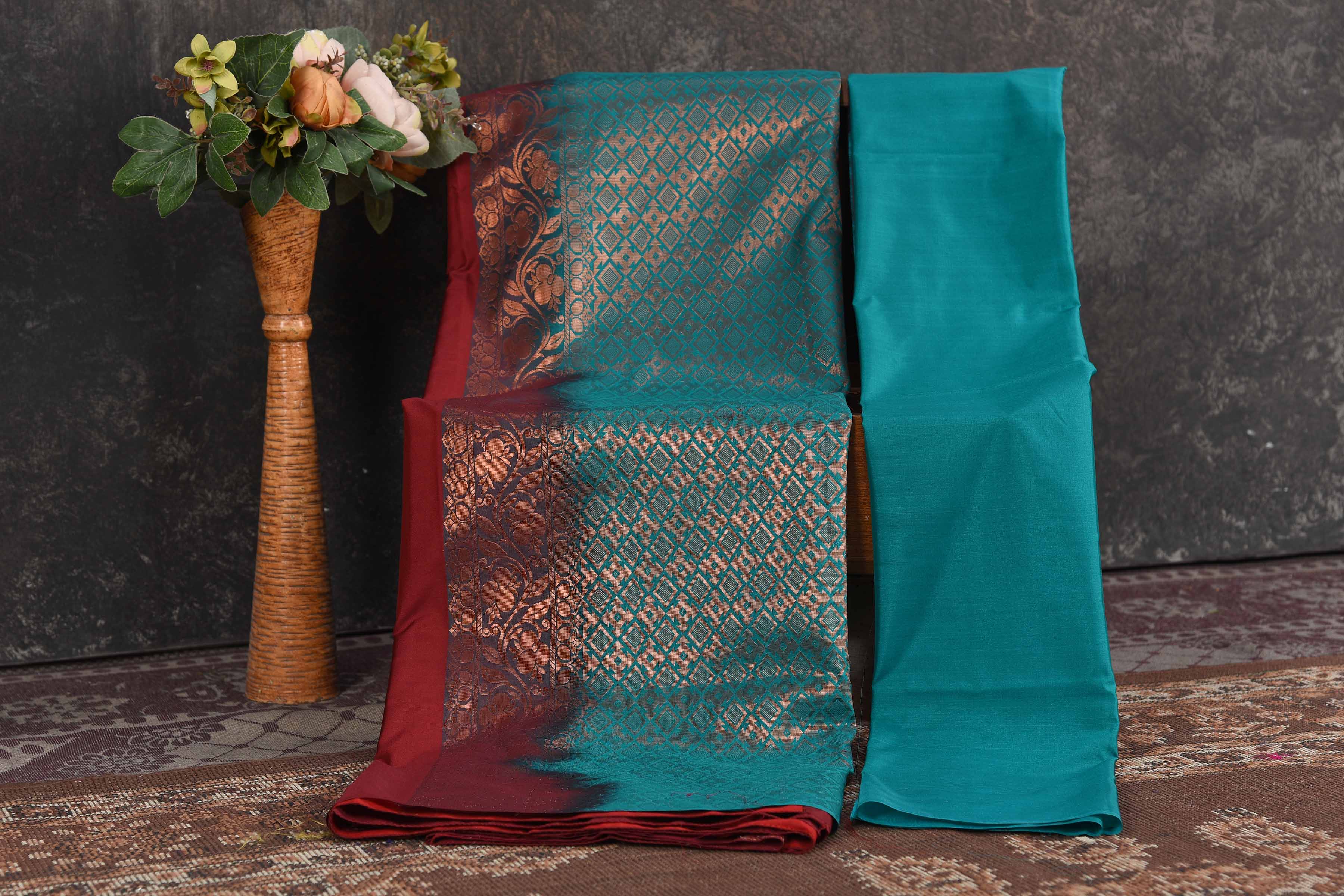 Shop beautiful maroon Kanjivaram soft silk sari online in USA with sea green zari pallu. Be the center of attraction on special occasions in ethnic sarees, designer sarees, embroidered sarees, handwoven sarees, pure silk sarees from Pure Elegance Indian saree store in USA.-blouse