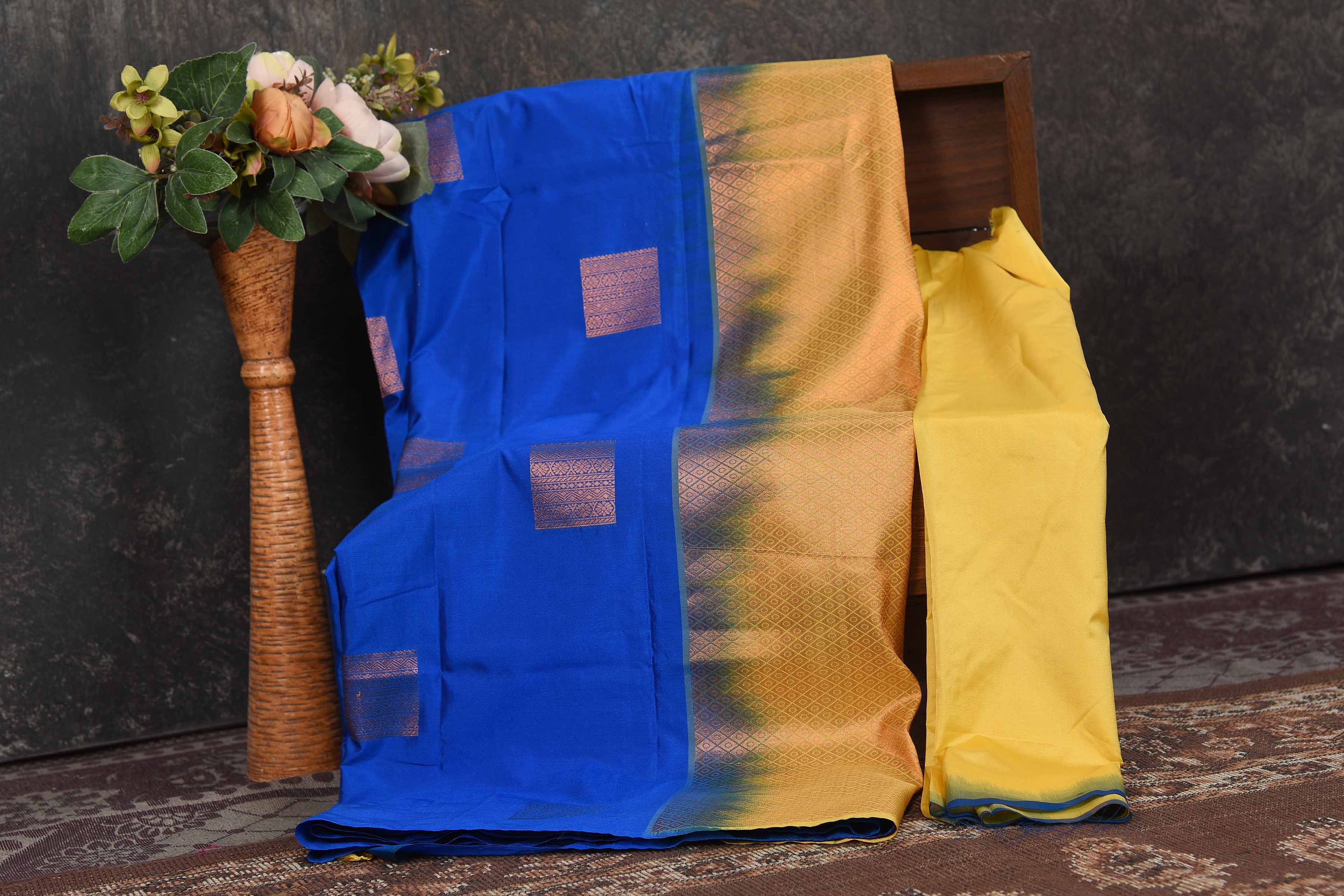 Shop blue Kanjivaram soft silk sari online in USA with golden zari pallu. Be the center of attraction on special occasions in ethnic sarees, designer sarees, embroidered sarees, handwoven sarees, pure silk sarees from Pure Elegance Indian saree store in USA.-blouse