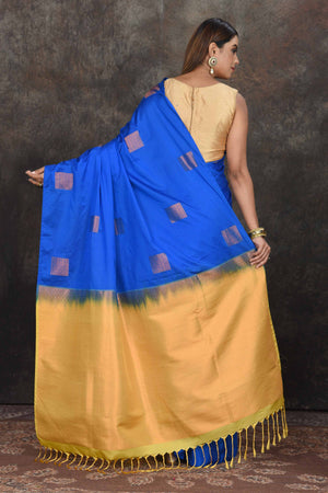 Shop blue Kanjivaram soft silk sari online in USA with golden zari pallu. Be the center of attraction on special occasions in ethnic sarees, designer sarees, embroidered sarees, handwoven sarees, pure silk sarees from Pure Elegance Indian saree store in USA.-back