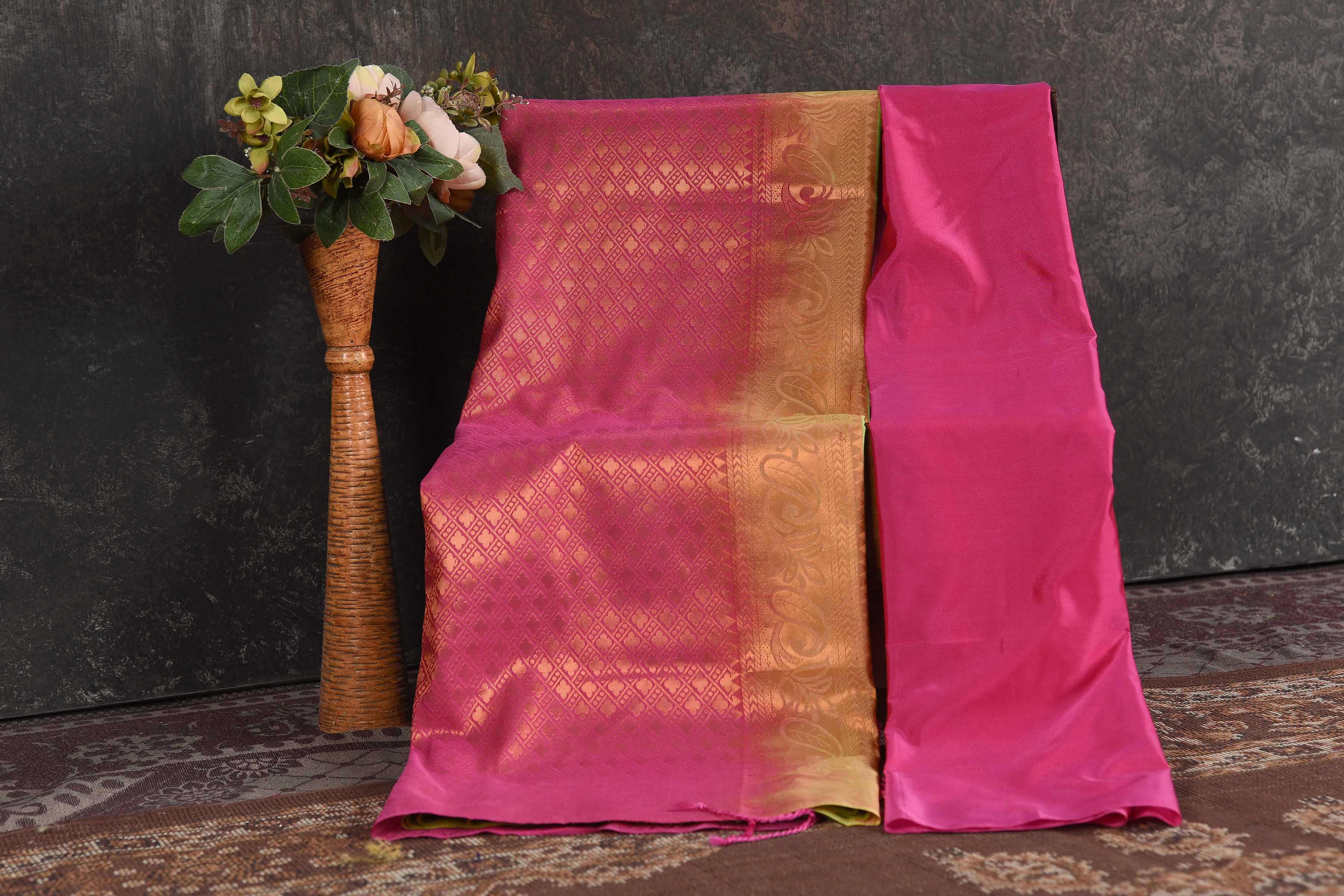 Buy beautiful pastel green Kanjivaram soft silk sari online in USA with pink zari pallu. Be the center of attraction on special occasions in ethnic sarees, designer sarees, embroidered sarees, handwoven sarees, pure silk sarees from Pure Elegance Indian saree store in USA.-blouse