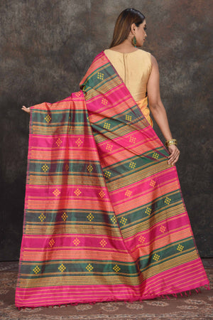 Shop stunning yellow Ponduru silk saree online in USA with multicolor pallu. Go for a rich traditional look on weddings and festive occasions in pure silk sarees, Kanchipuram silk sarees, handloom sarees, Banarasi sarees from Pure Elegance Indian fashion store in USA.-back