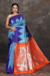 Shop beautiful blue Kanjeevaram sari online in USA with blue temple border. Go for a rich traditional look on weddings and festive occasions in pure silk sarees, Kanchipuram silk sarees, handloom sarees, Banarasi sarees from Pure Elegance Indian fashion store in USA.-full view
