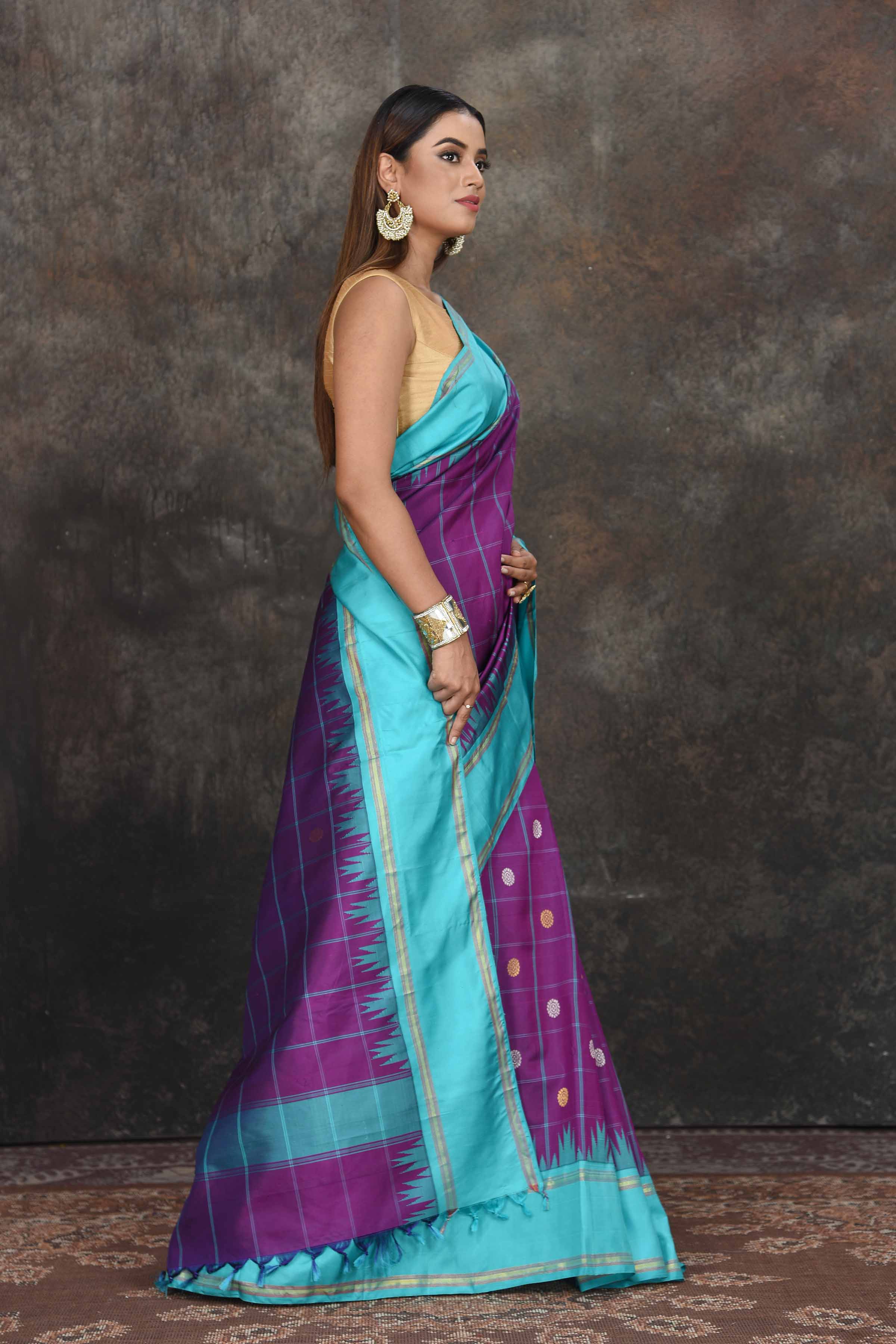 Shop beautiful purple check Kanjeevaram sari online in USA with blue border. Go for a rich traditional look on weddings and festive occasions in pure silk sarees, Kanchipuram silk sarees, handloom sarees, Banarasi sarees from Pure Elegance Indian fashion store in USA.-side