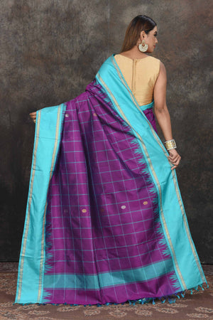 Shop beautiful purple check Kanjeevaram sari online in USA with blue border. Go for a rich traditional look on weddings and festive occasions in pure silk sarees, Kanchipuram silk sarees, handloom sarees, Banarasi sarees from Pure Elegance Indian fashion store in USA.-back