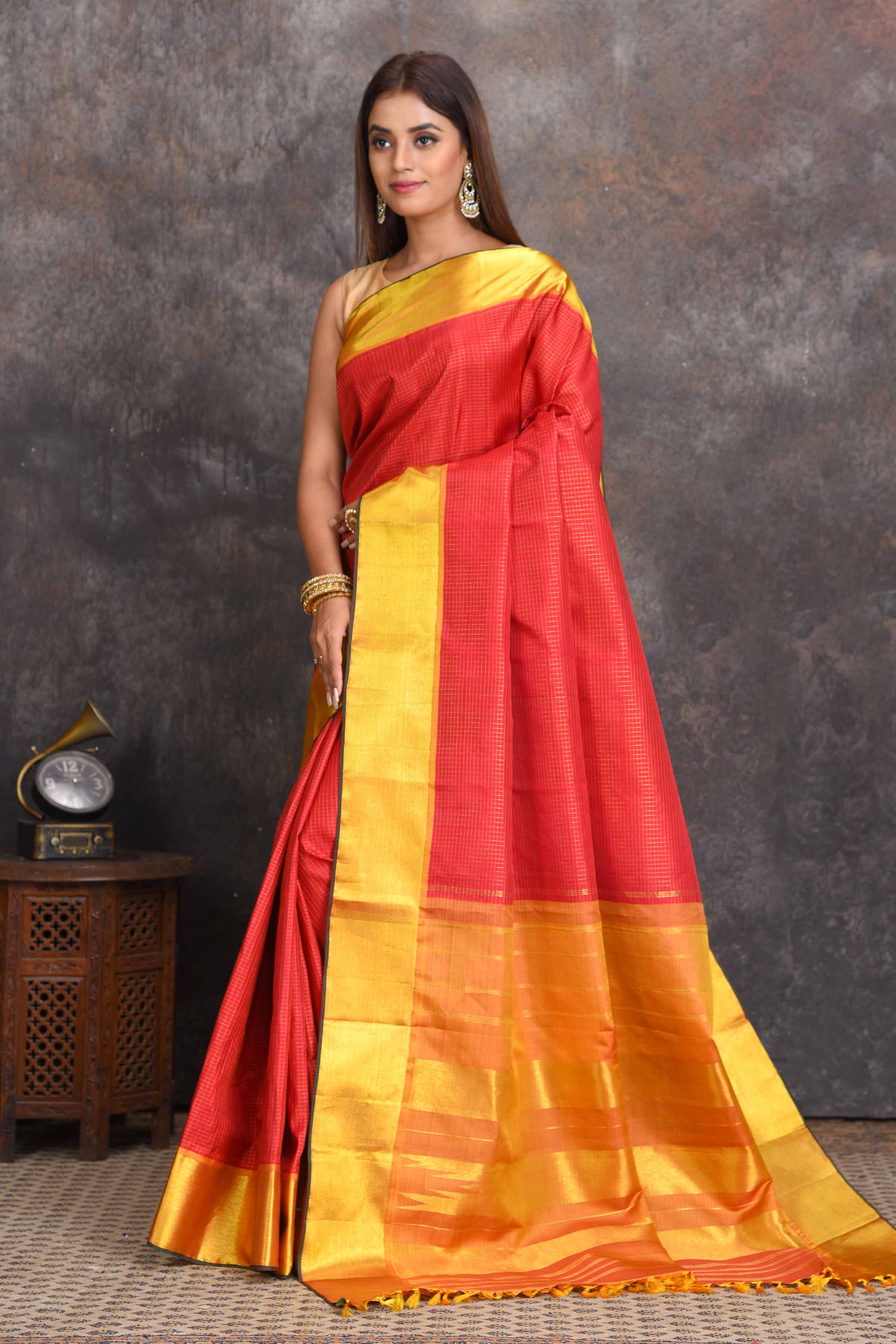 Buy Wedding Collection Online Golden Kanjivaram Silk Asian Sari Square Neck  Online - SARV0761 | Andaaz Fashion
