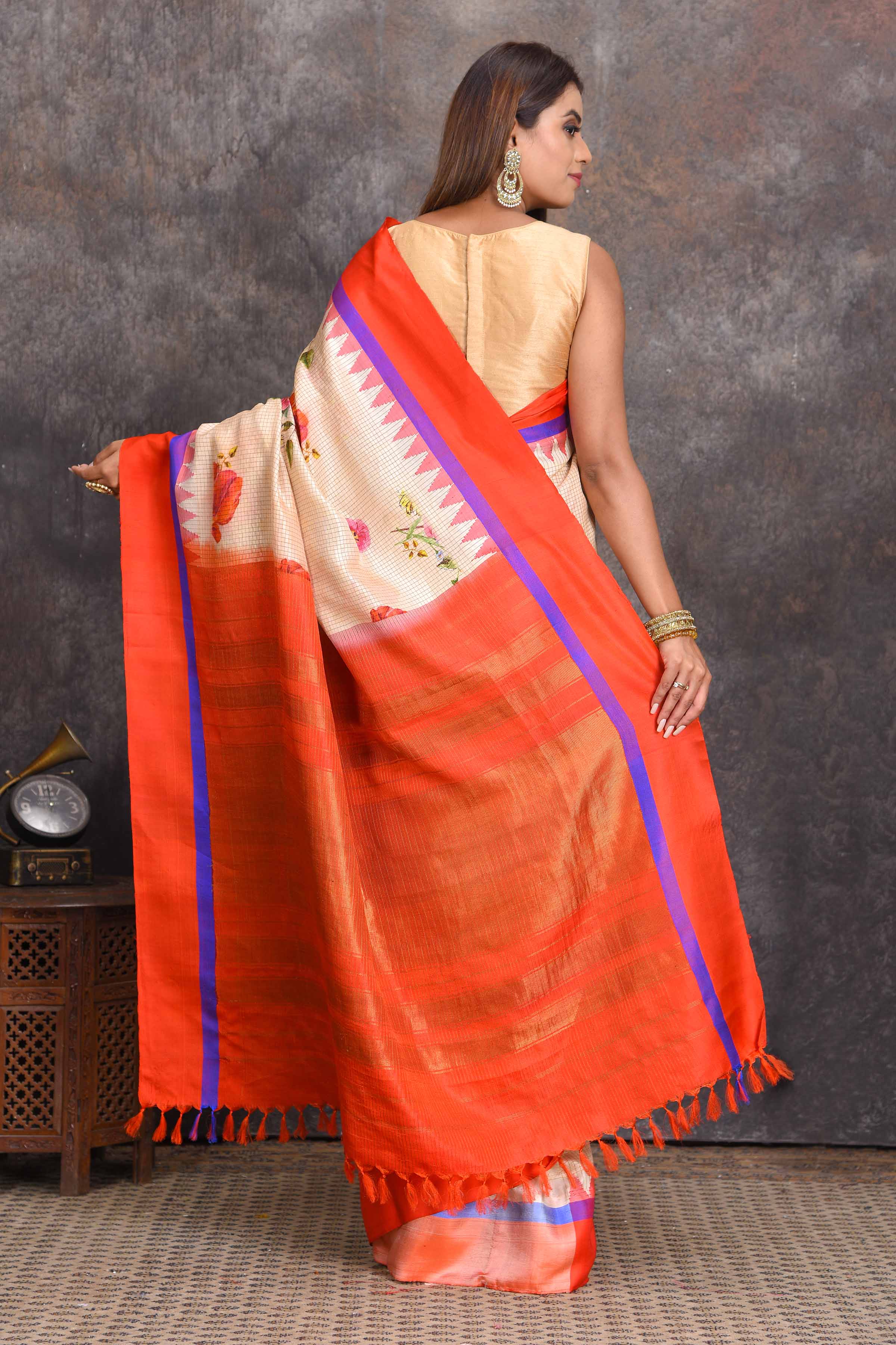 Buy stunning cream floral Gadhwal silk saree online in USA with red border. Get festive ready in beautiful Kanchipuram silk sarees, pure silk sarees, soft silk sarees, tussar silk saris, handwoven sarees, chanderi silk sarees from Pure Elegance Indian saree store in USA.-back