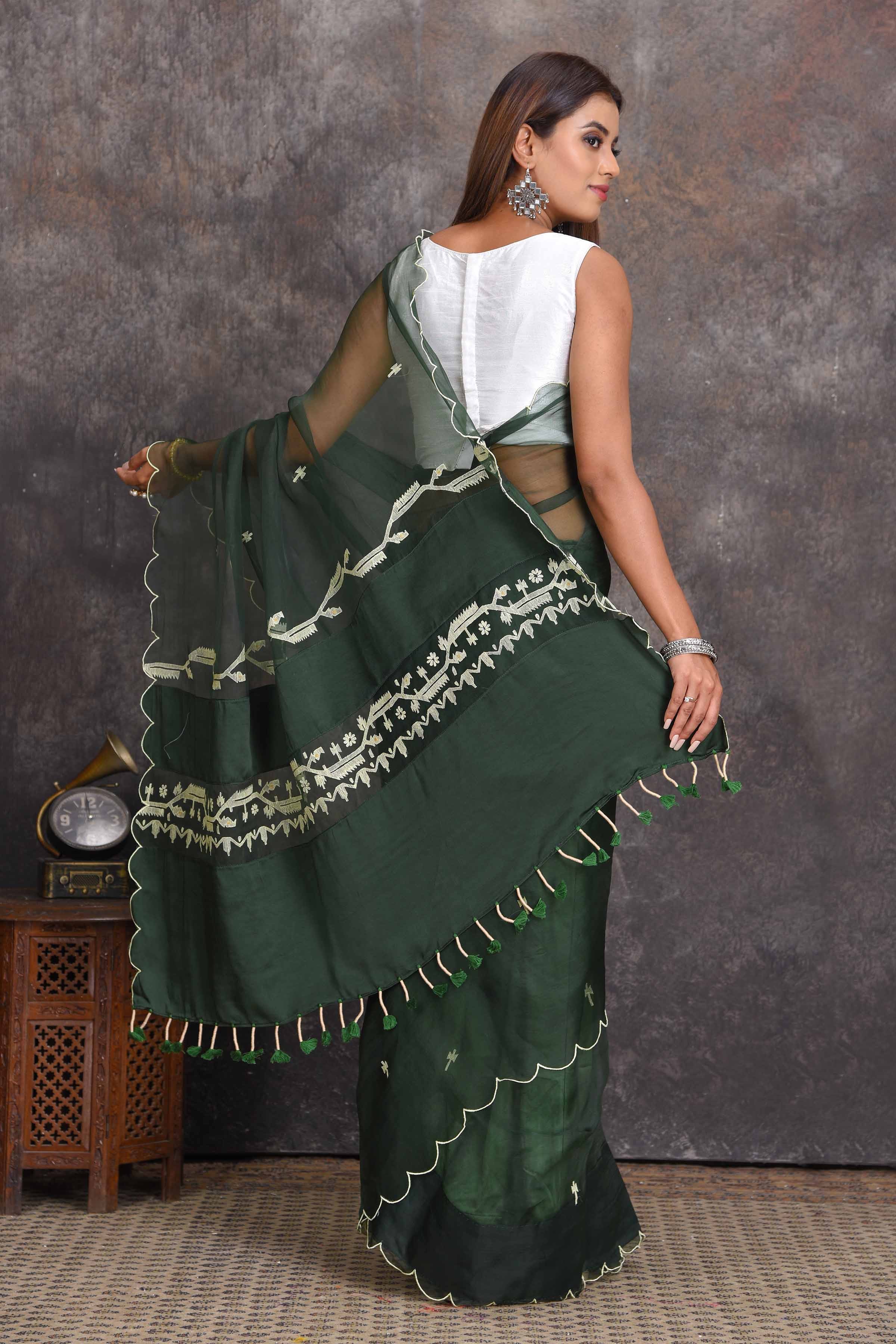 Shop green organza Dhakai saree online in USA with designer saree blouse. Set a style statement on special occasions in exquisite designer sarees, handwoven sarees, georgette sarees, embroidered sarees, Banarasi saree, pure silk saris, tussar sarees from Pure Elegance Indian saree store in USA.-back