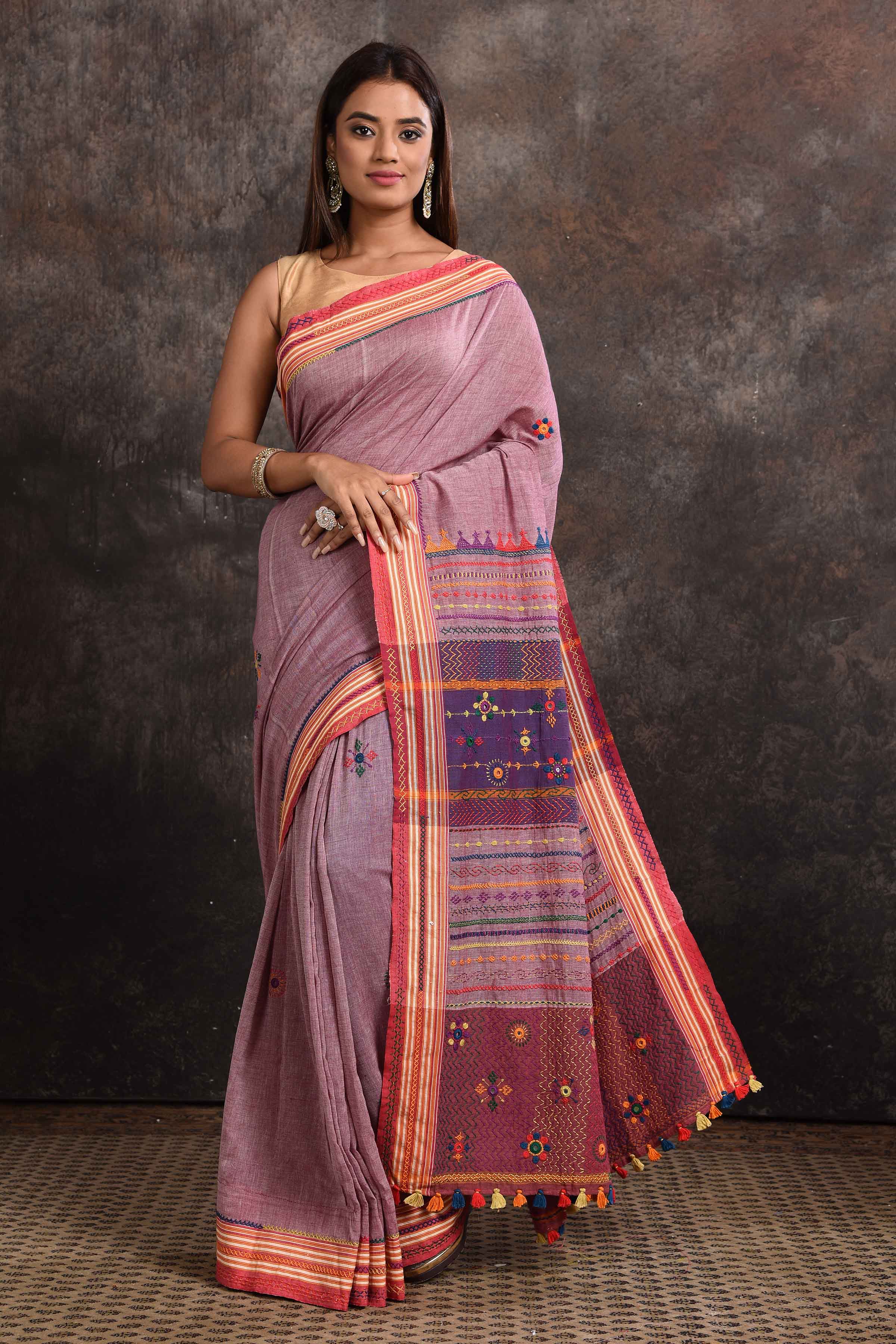 Buy stunning onion pink Lambani khaddi cotton saree online in USA. Look your ethnic best on festive occasions with latest designer sarees, pure silk sarees, Kanchipuram silk sarees, handwoven sarees, tussar silk sarees, embroidered sarees from Pure Elegance Indian saree store in USA.-full view