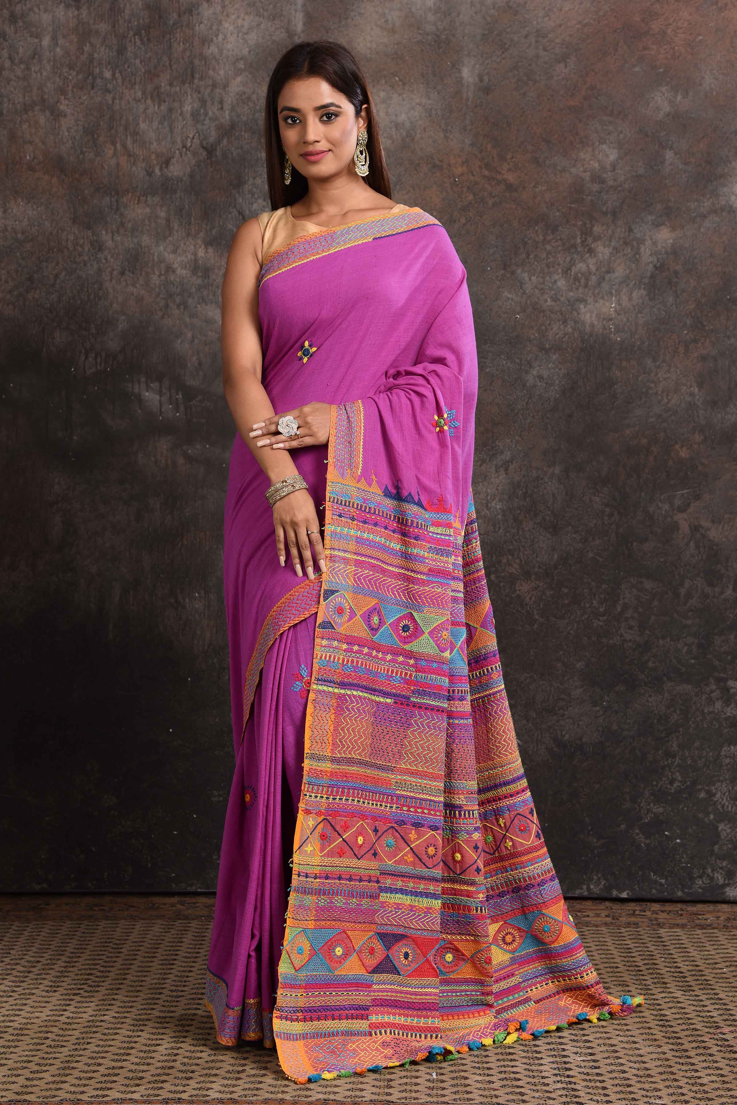 Buy stunning lavender Lambani khaddi cotton saree online in USA. Look your ethnic best on festive occasions with latest designer sarees, pure silk sarees, Kanchipuram silk sarees, handwoven sarees, tussar silk sarees, embroidered sarees from Pure Elegance Indian saree store in USA.-full view