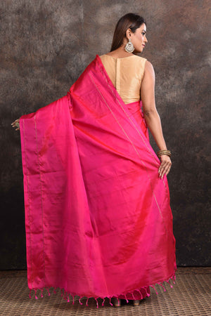 Shop bright pink borderless Kanjeevaram silk sari online in USA. Keep your ethnic wardrobe up to date with latest designer sarees, pure silk sarees, Kanchipuram silk sarees, handwoven sarees, tussar silk sarees, embroidered sarees from Pure Elegance Indian saree store in USA.-back