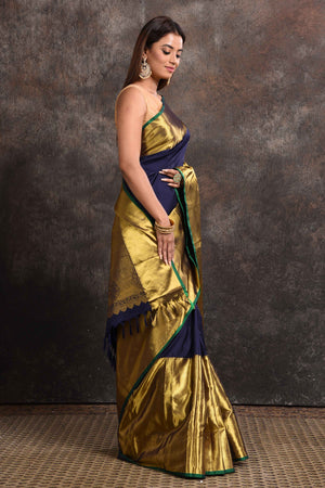 Buy beautiful navy and golden zari border Kanjeevaram silk sari online in USA. Keep your ethnic wardrobe up to date with latest designer sarees, pure silk sarees, Kanchipuram silk sarees, handwoven sarees, tussar silk sarees, embroidered sarees from Pure Elegance Indian saree store in USA.-side