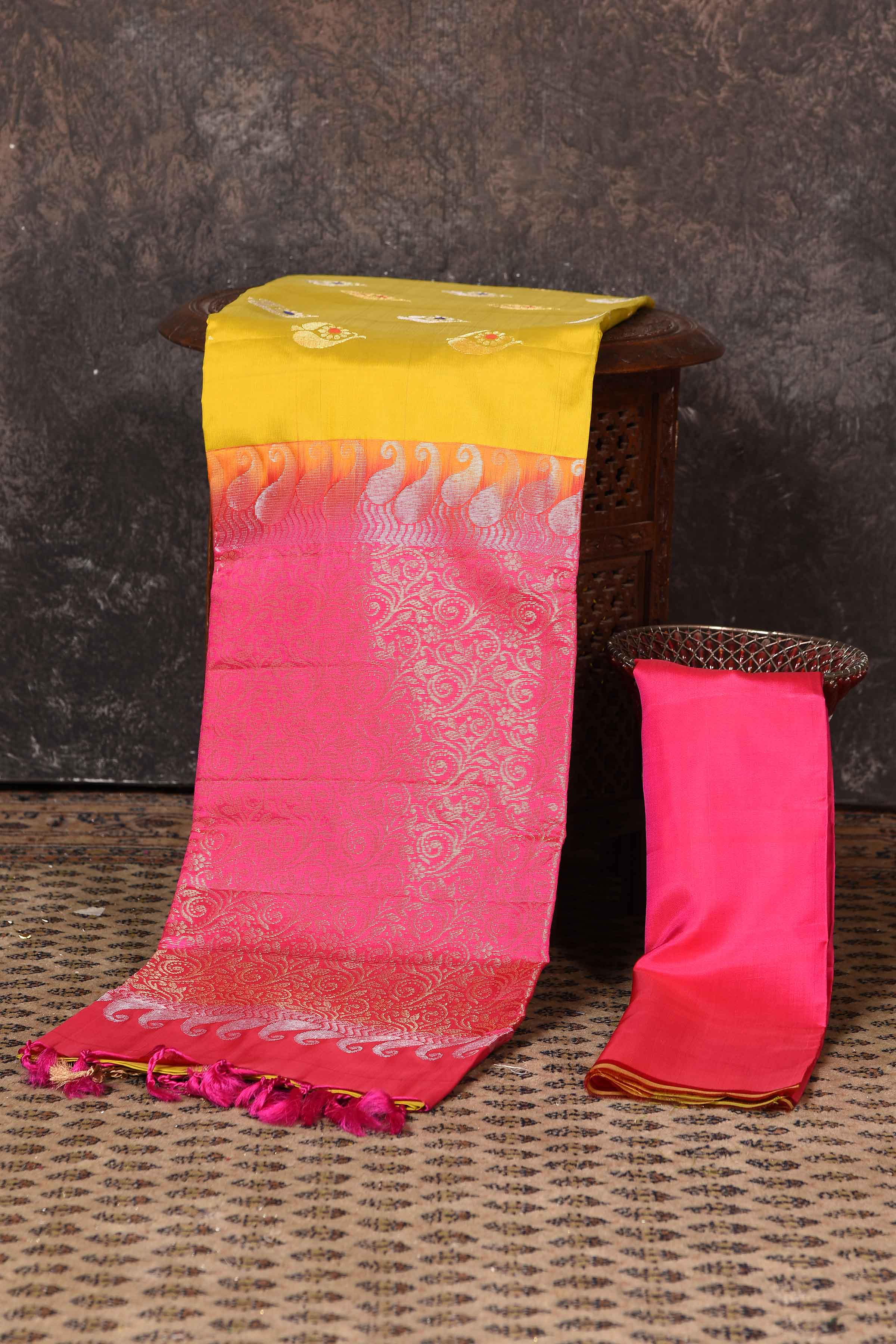 Shop beautiful yellow Kanjeevaram silk sari online in USA with pink zari pallu. Keep your ethnic wardrobe up to date with latest designer sarees, pure silk sarees, Kanchipuram silk sarees, handwoven sarees, tussar silk sarees, embroidered sarees from Pure Elegance Indian saree store in USA.-blouse