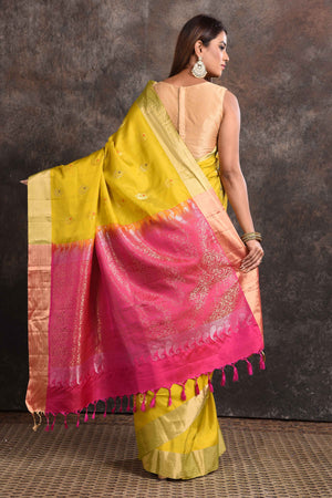 Shop beautiful yellow Kanjeevaram silk sari online in USA with pink zari pallu. Keep your ethnic wardrobe up to date with latest designer sarees, pure silk sarees, Kanchipuram silk sarees, handwoven sarees, tussar silk sarees, embroidered sarees from Pure Elegance Indian saree store in USA.-back