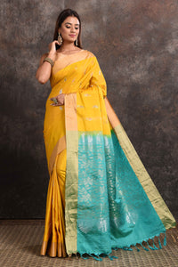 Buy stunning yellow Kanjeevaram silk sari online in USA with blue zari pallu. Keep your ethnic wardrobe up to date with latest designer sarees, pure silk sarees, Kanchipuram silk sarees, handwoven sarees, tussar silk sarees, embroidered sarees from Pure Elegance Indian saree store in USA.-full view