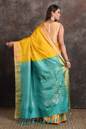 90N646 Yellow Kanjivaram Silk Saree with Blue Zari Pallu