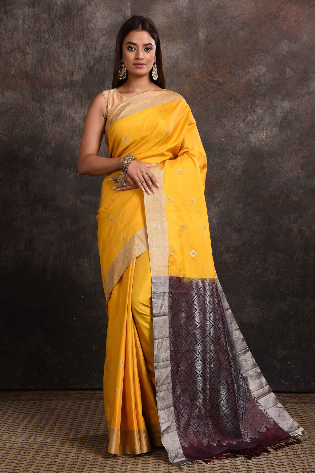 Shop stunning yellow Kanjeevaram silk sari online in USA with black zari pallu. Keep your ethnic wardrobe up to date with latest designer sarees, pure silk sarees, Kanchipuram silk sarees, handwoven sarees, tussar silk sarees, embroidered sarees from Pure Elegance Indian saree store in USA.-full view