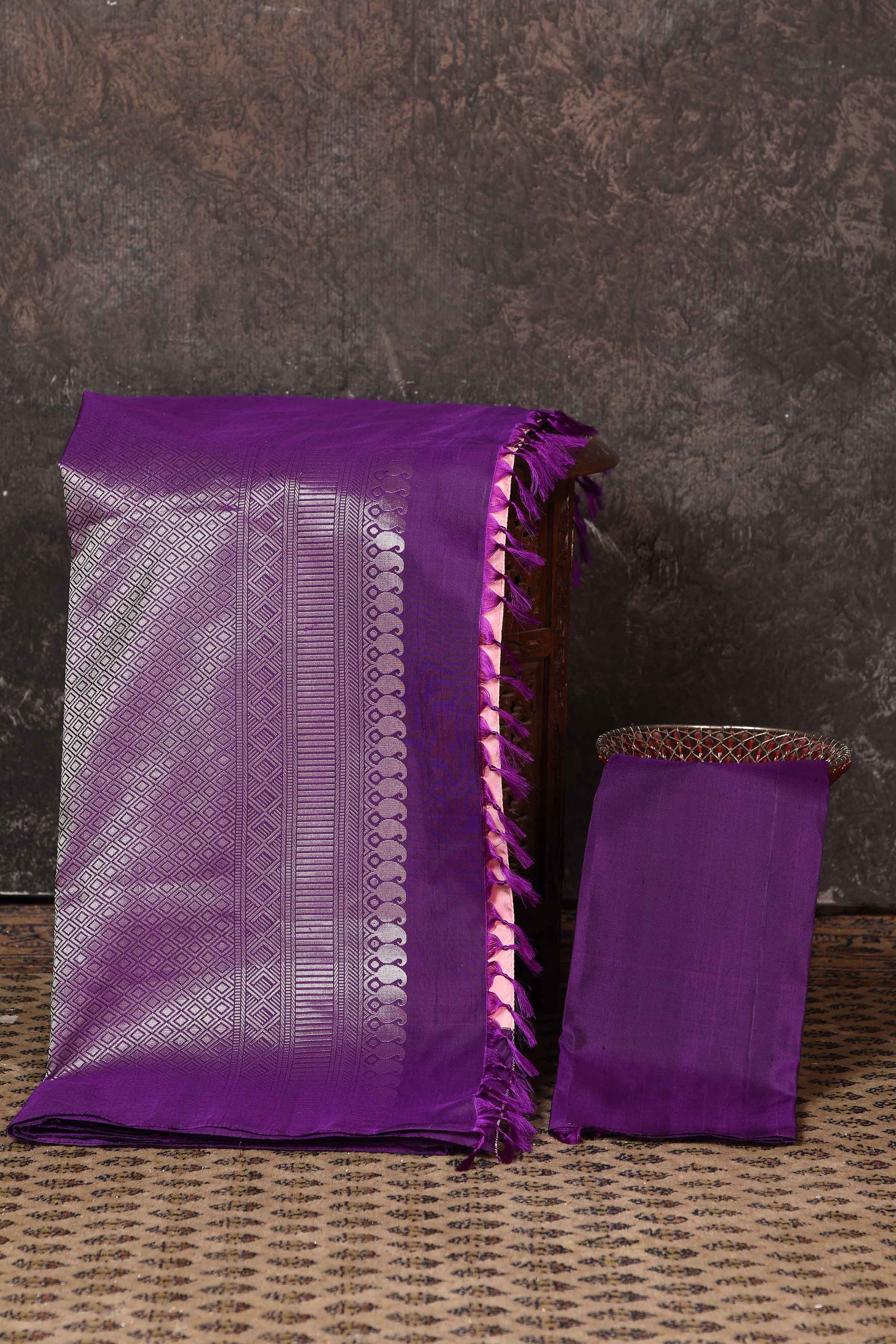 Shop beautiful pastel pink Kanjeevaram silk sari online in USA with purple zari border. Keep your ethnic wardrobe up to date with latest designer sarees, pure silk sarees, Kanchipuram silk sarees, handwoven sarees, tussar silk sarees, embroidered sarees from Pure Elegance Indian saree store in USA.-blouse