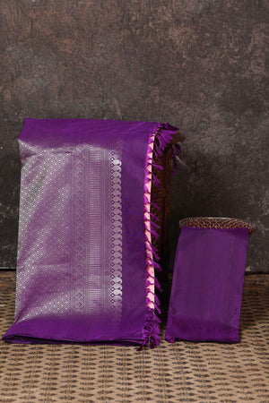 Shop beautiful pastel pink Kanjeevaram silk sari online in USA with purple zari border. Keep your ethnic wardrobe up to date with latest designer sarees, pure silk sarees, Kanchipuram silk sarees, handwoven sarees, tussar silk sarees, embroidered sarees from Pure Elegance Indian saree store in USA.-blouse