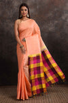 Shop beautiful peach Kanjeevaram silk sari online in USA with multicolor check border. Keep your ethnic wardrobe up to date with latest designer sarees, pure silk sarees, Kanchipuram silk sarees, handwoven sarees, tussar silk sarees, embroidered sarees from Pure Elegance Indian saree store in USA.-full view
