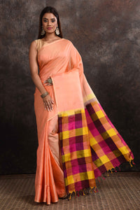 Shop beautiful peach Kanjeevaram silk sari online in USA with multicolor check border. Keep your ethnic wardrobe up to date with latest designer sarees, pure silk sarees, Kanchipuram silk sarees, handwoven sarees, tussar silk sarees, embroidered sarees from Pure Elegance Indian saree store in USA.-full view