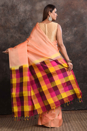 Shop beautiful peach Kanjeevaram silk sari online in USA with multicolor check border. Keep your ethnic wardrobe up to date with latest designer sarees, pure silk sarees, Kanchipuram silk sarees, handwoven sarees, tussar silk sarees, embroidered sarees from Pure Elegance Indian saree store in USA.-back
