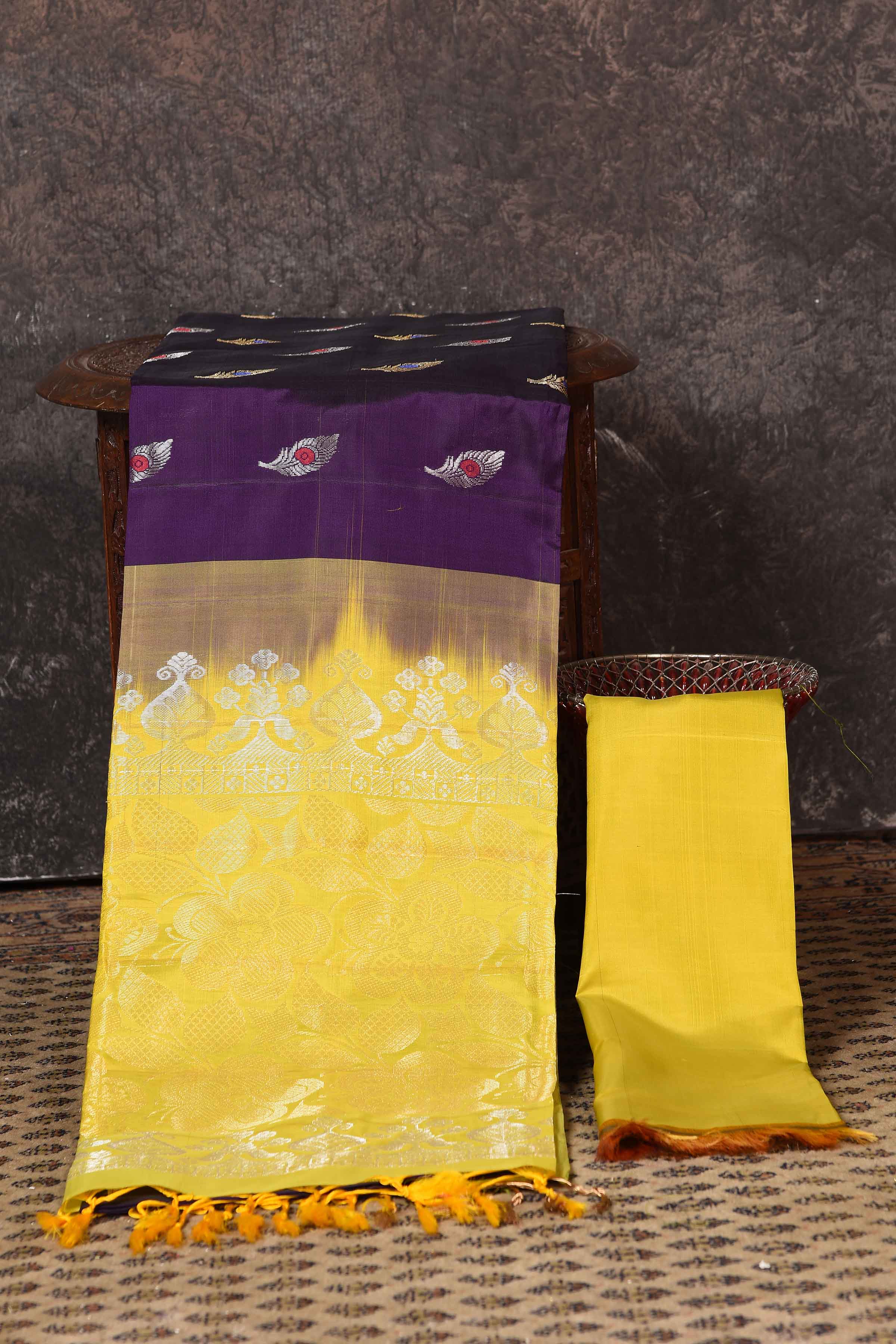 Shop beautiful purple Kanjeevaram silk saree online in USA with yellow zari pallu. Keep your ethnic wardrobe up to date with latest designer sarees, pure silk sarees, Kanchipuram silk sarees, handwoven sarees, tussar silk sarees, embroidered sarees from Pure Elegance Indian saree store in USA.-blouse