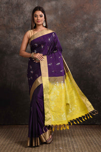Shop beautiful purple Kanjeevaram silk saree online in USA with yellow zari pallu. Keep your ethnic wardrobe up to date with latest designer sarees, pure silk sarees, Kanchipuram silk sarees, handwoven sarees, tussar silk sarees, embroidered sarees from Pure Elegance Indian saree store in USA.-full view
