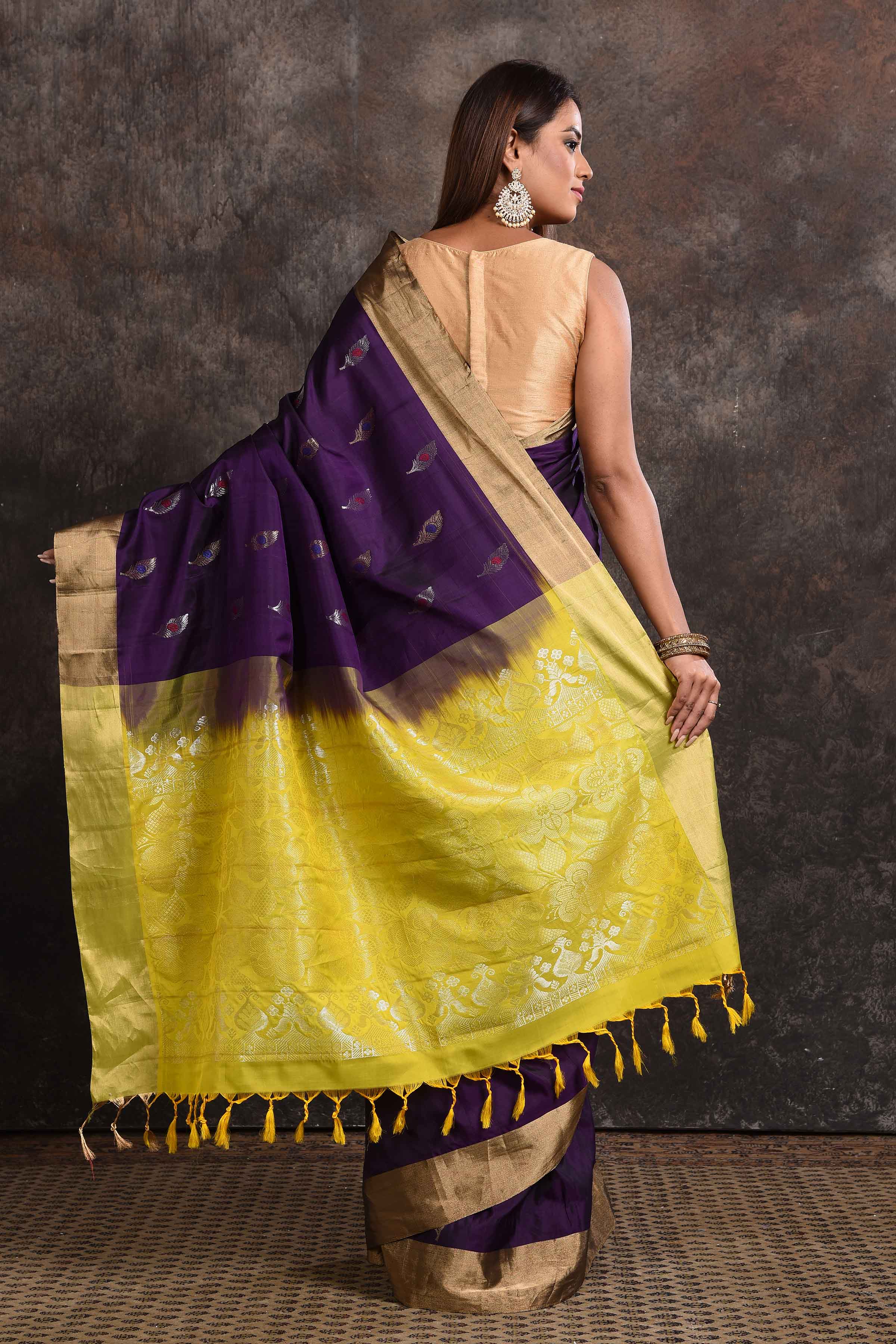 Shop beautiful purple Kanjeevaram silk saree online in USA with yellow zari pallu. Keep your ethnic wardrobe up to date with latest designer sarees, pure silk sarees, Kanchipuram silk sarees, handwoven sarees, tussar silk sarees, embroidered sarees from Pure Elegance Indian saree store in USA.-back