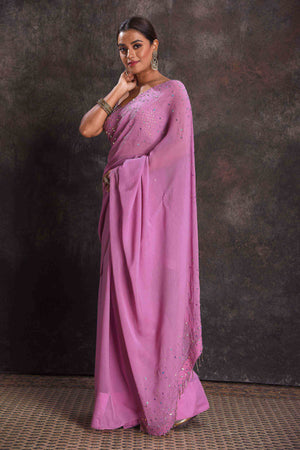 Shop beautiful lavender embroidered georgette saree online in USA with designer blouse. Look your ethnic best on festive occasions with latest designer sarees, pure silk sarees, Kanchipuram silk sarees, designer dresses, Anarkali suits, gown, embroidered sarees from Pure Elegance Indian fashion store in USA.-pallu